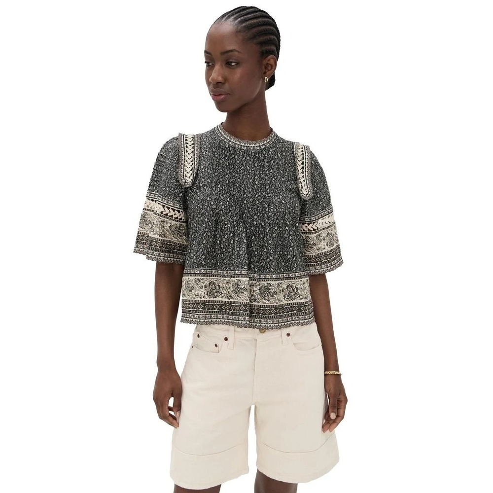 Sea Women's XS Palma Print Top Short Puff Sleeves Floral Lace Trim Black Beige